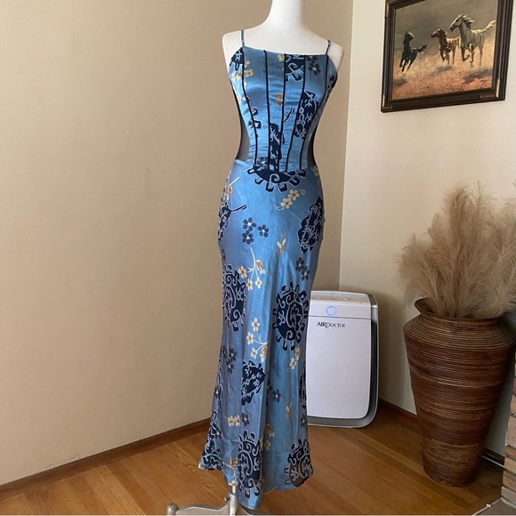 American Vintage Dresses & Skirts - Vintage Georgette Floral Corset Formal Dress Blue